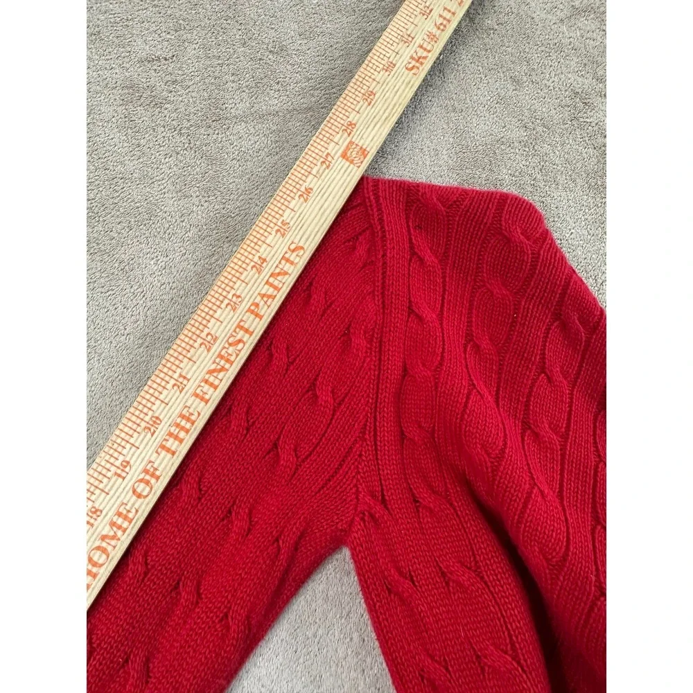 Vintage Ralph Lauren Sweater Mens M Red Cable‎ Knit V-Neck Navy Pony Logo EUC